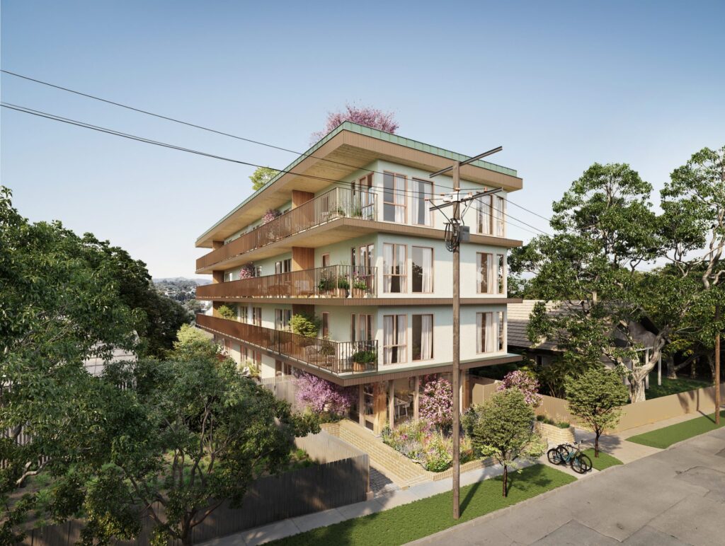 The exterior fa&ccedil;ade of the Cooperation Towers in Los Angeles, built with laminated timber in a modern sustainable design.