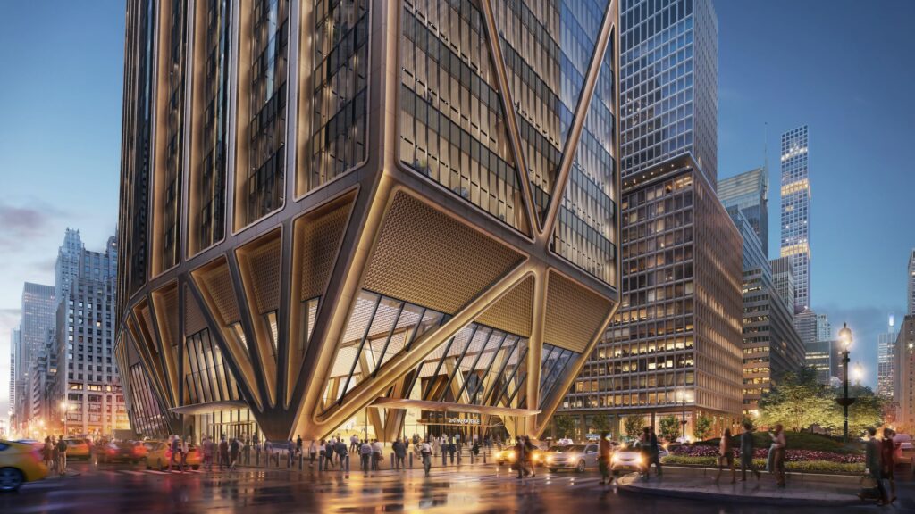 منظر ليلي لبرج مانهاتن الكهربائي بالكامل مع الإضاءة الداخلية المضيئة