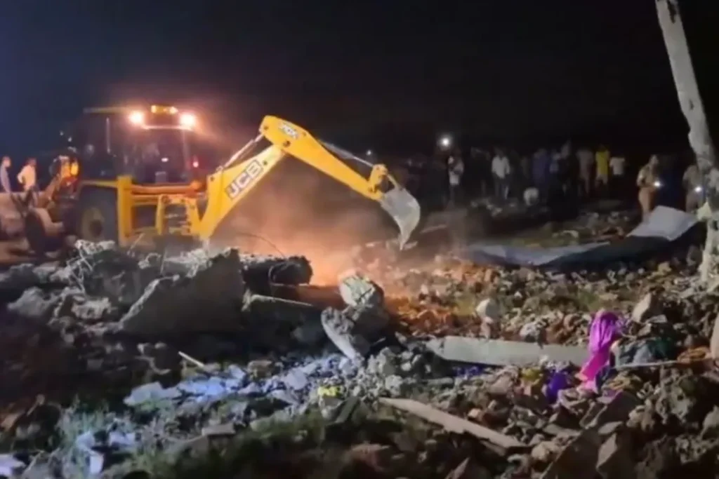 Scene showing the ruins of a collapsed house in Ayodhya after a powerful internal explosion.
