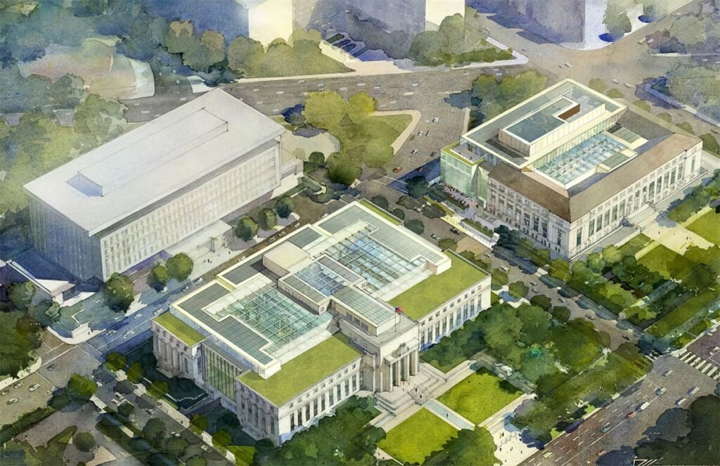 Conceptual architectural rendering showing a modern government complex in Washington, D.C., with glass roofs and green rooftop spaces.