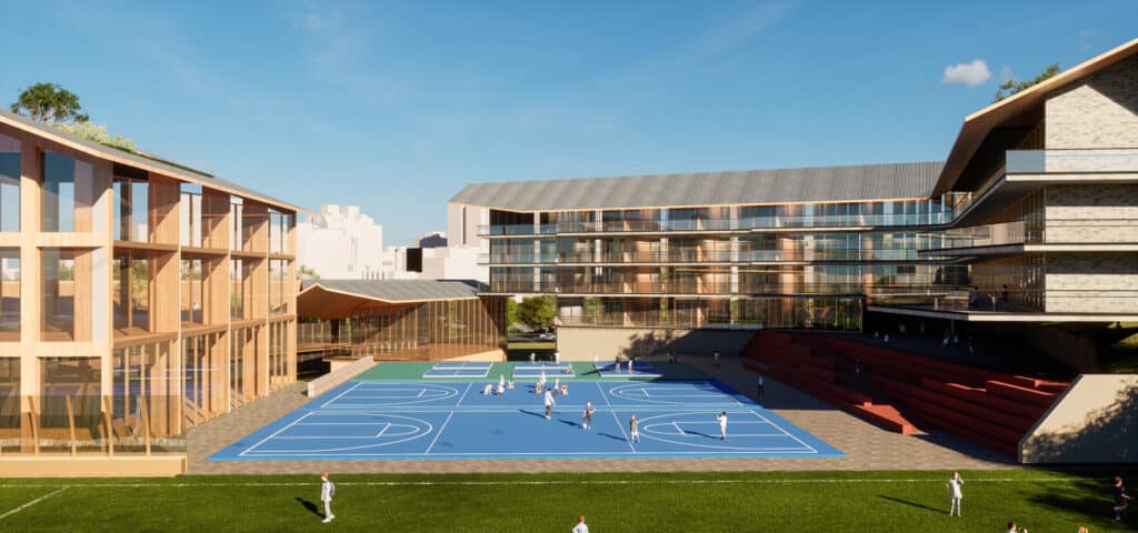 تصور معماري لمدرسة ابتدائية جديدة في إيست بيرث بأربعة طوابق ومساحات تعليمية حديثة.