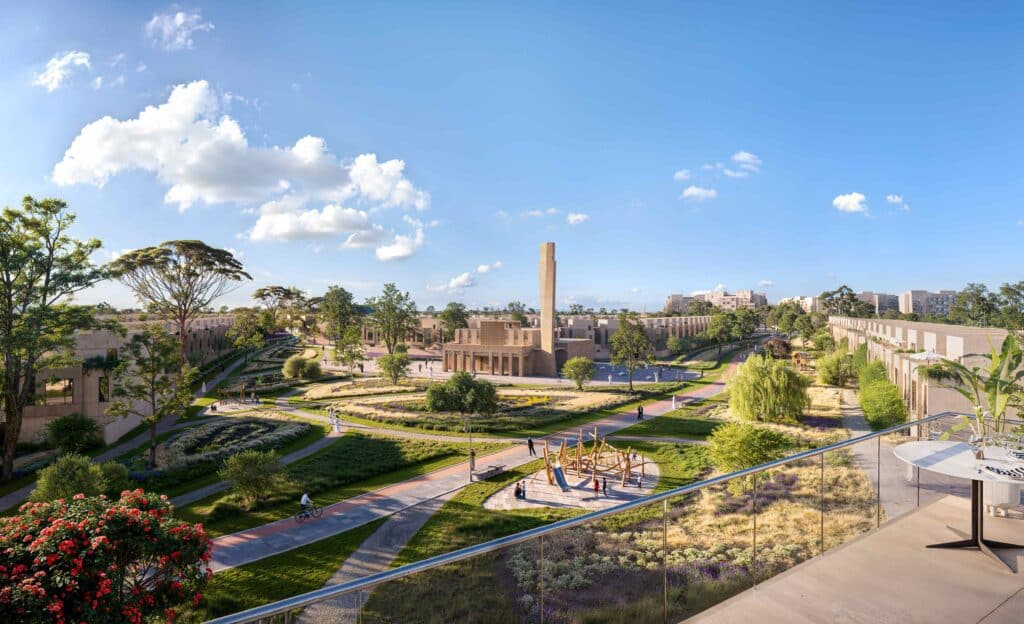 مشهد لمجموعة فلل حديثة التصميم ضمن مشروع سكني في المنطقة الشرقية يعكس تناغم الألوان والمواد مع البيئة المحيطة.