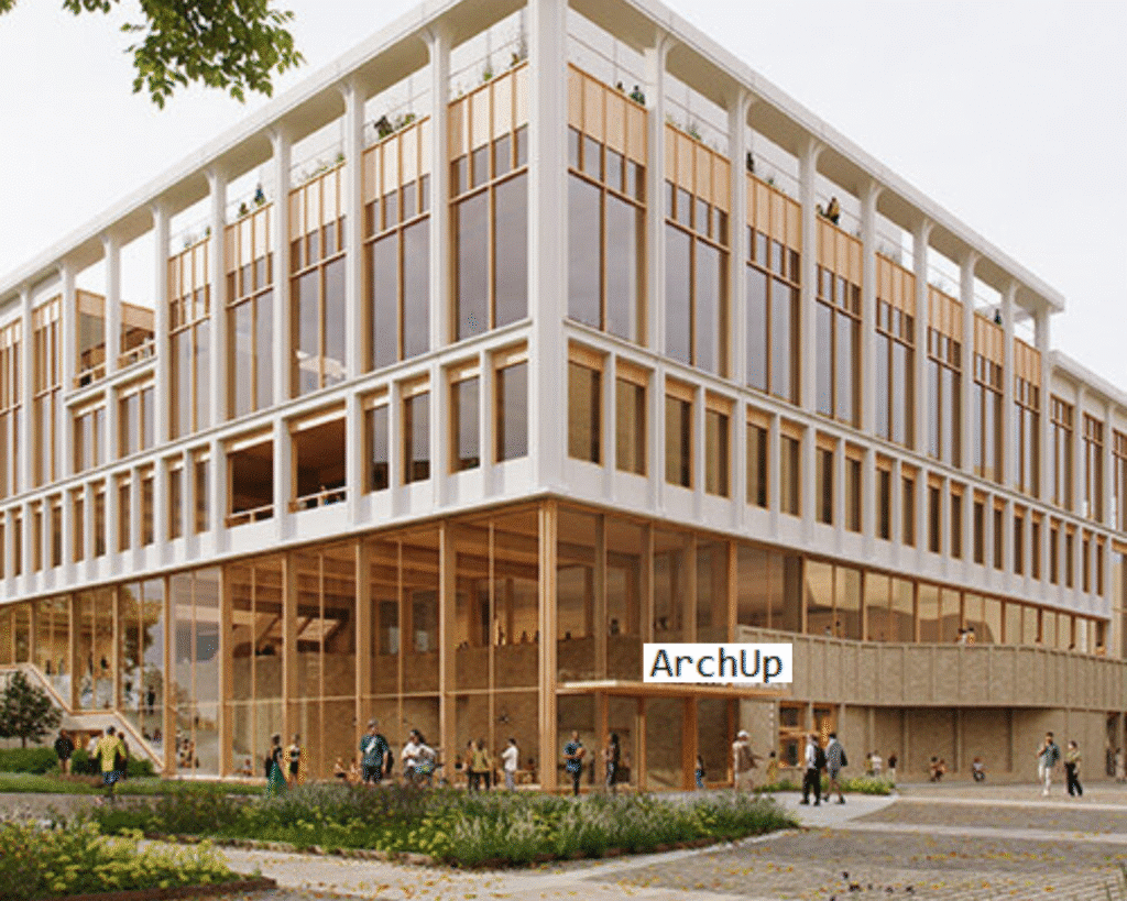 Facade of Centralbadet Center in Gothenburg with modern timber design