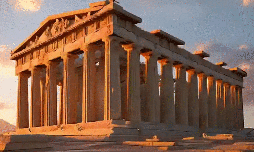 Panoramic view of the Parthenon in Athens after scaffold removal, highlighting the Doric columns and marble friezes.