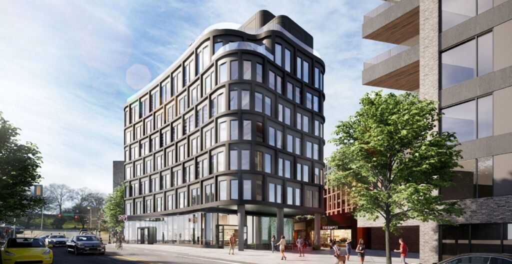 Conceptual rendering of The Bend in Nashville illustrating the integration of residential, hotel, and retail functions within a unified architectural form.