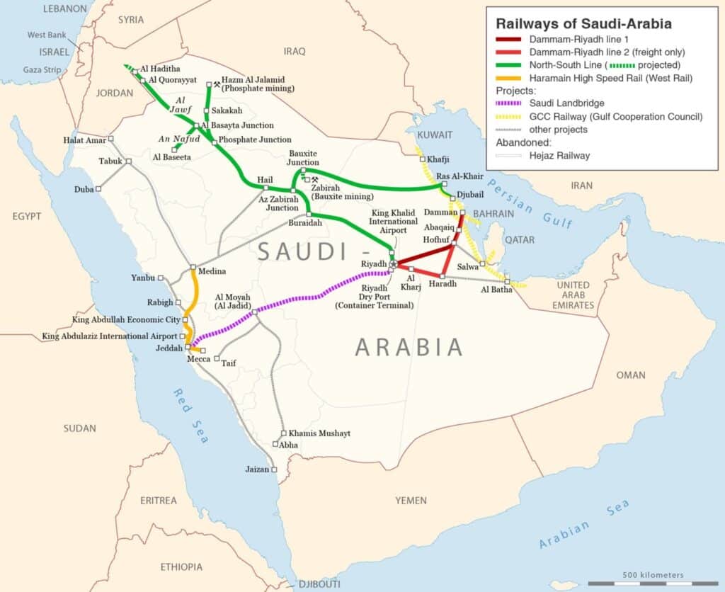 A map showing Saudi Arabia&rsquo;s railway network, highlighting the &ldquo;Landbridge&rdquo; project &mdash; the kingdom&rsquo;s first cross-country rail line connecting the Red Sea to the Arabian Gulf.