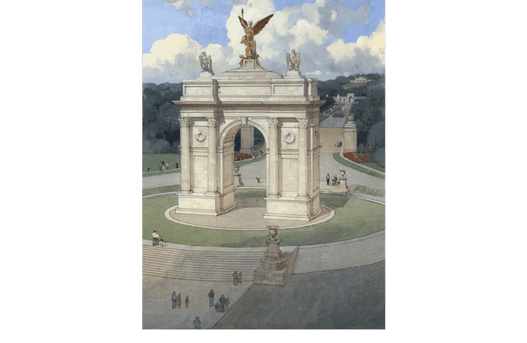 Proposed monumental triumphal arch in front of Arlington National Cemetery reflecting classical American architecture.