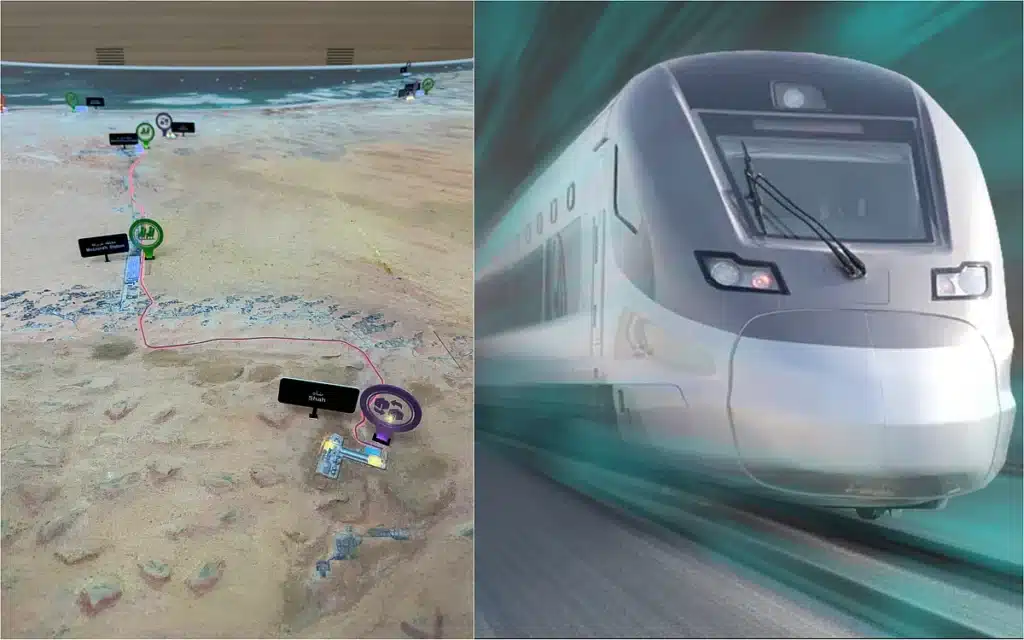 A split image: on the left, a 3D map showing the Etihad Rail route cutting through UAE&rsquo;s desert landscape; on the right, a sleek highspeed train in motion symbolizing the nation&rsquo;s bold leap into modern rail transport.