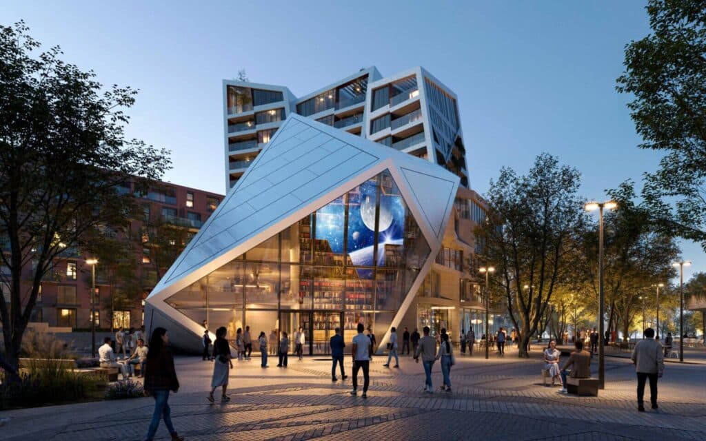 A futuristic library with a geometric glass façade, glowing at dusk in Prague’s public square.