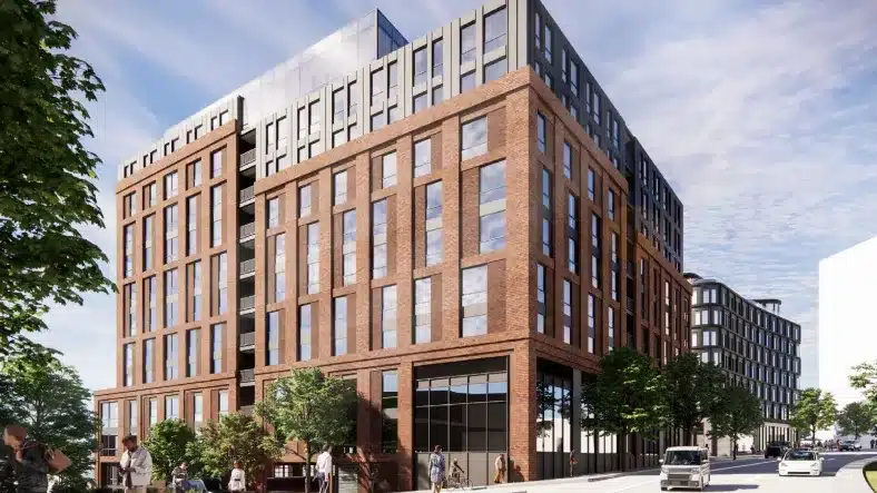 موقع مشروع ذا بند أثناء أعمال البناء في منطقة وسط ناشفيل، ضمن رؤية تصميمية حديثة للمجال العمراني.