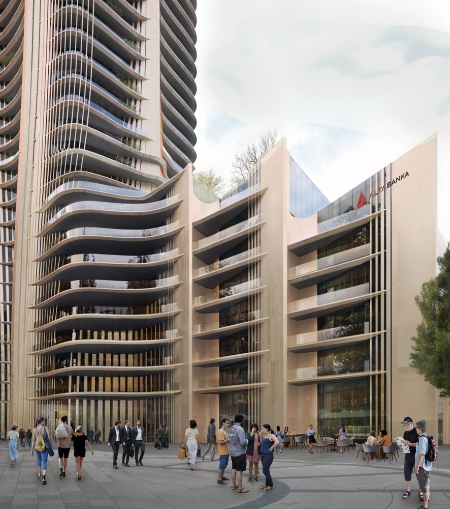 The lively plaza at Alta Bank Tower in New Belgrade — people walking, chatting, and relaxing outdoors under the building’s flowing, sculptural façade.