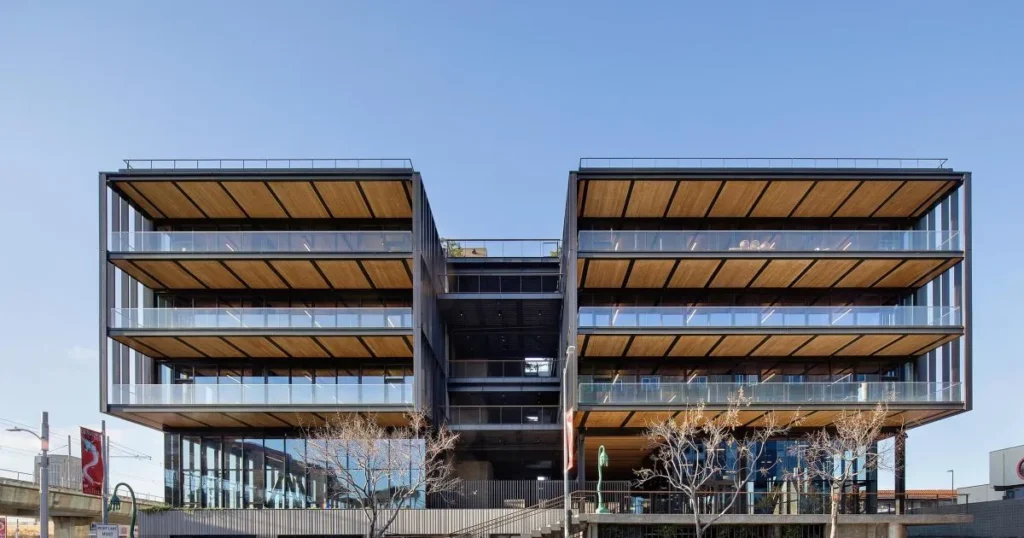 A view showing the contemporary appearance of one of the Cooperation Towers in downtown Los Angeles.