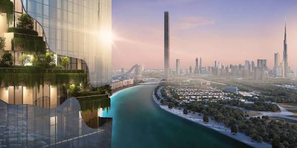 Contemporary architectural design highlighting greenery and water features in the residential tower.