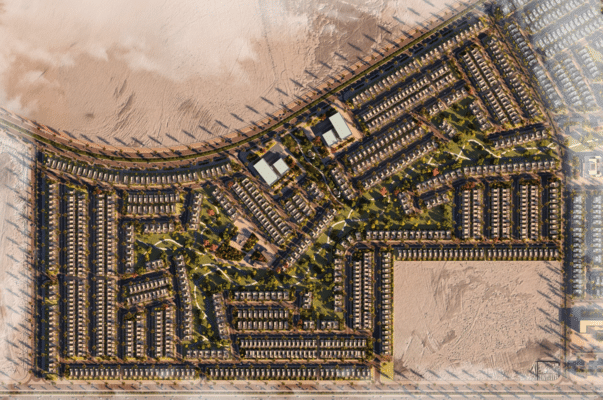 تخطيط عمراني يوضح توزيع الفلل والممرات في مشروع سكني واسع النطاق قريب من الساحل.