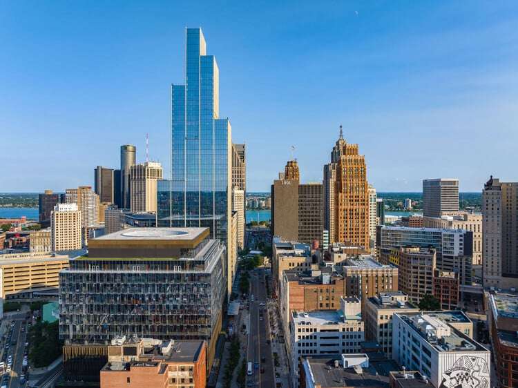 Aerial view of Hudson’s Detroit mixed-use development showing modern buildings and newly designed urban layout.