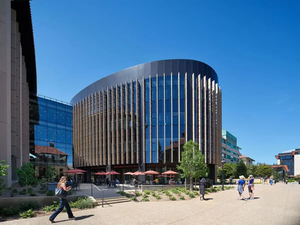 Exterior view of Stanford’s Computing and Data Science Building with dynamic glass façade