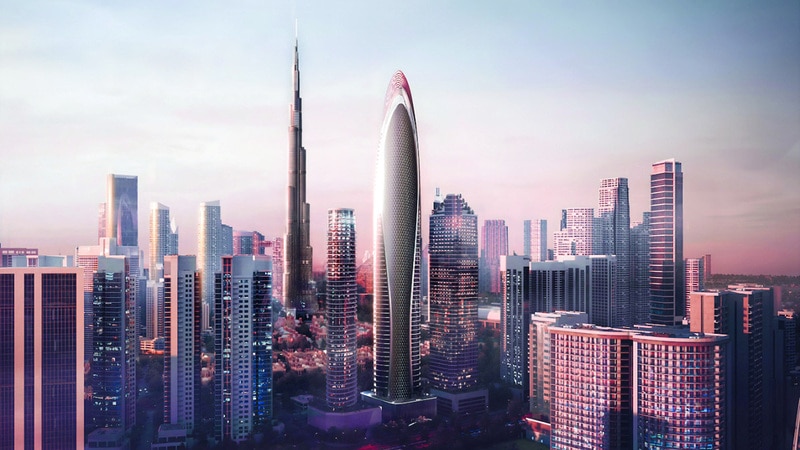 Luxury residential tower in Dubai&rsquo;s Business Bay featuring reflective glass fa&ccedil;ades.
