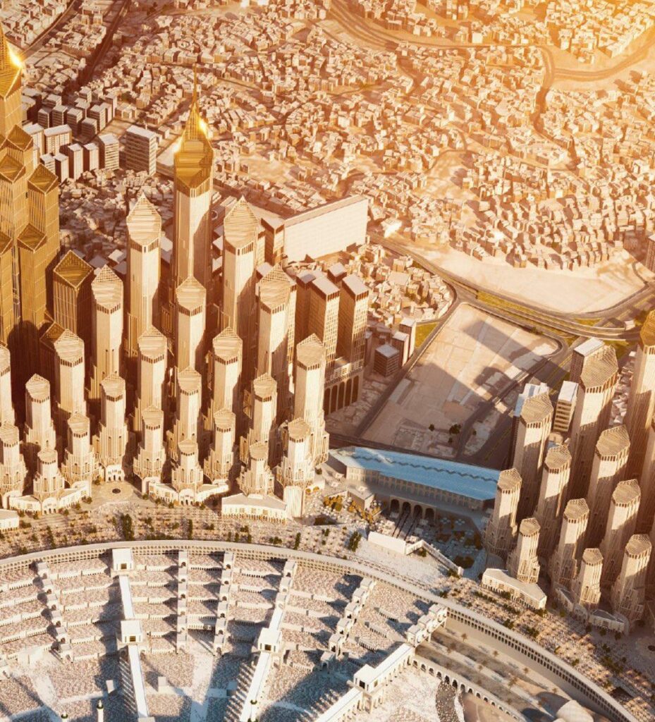 منظر جوي لمكة المكرمة يُظهر المسجد الحرام محاطًا بمشروعات عمرانية شاهقة التصميم، تعكس التحولات الحديثة في البنية الحضرية حول الحرم الشريف.