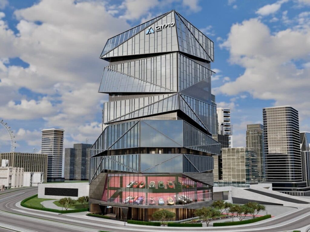 The Crypto Tower fa&ccedil;ade showing interlocking glass planes and dynamic angular geometry