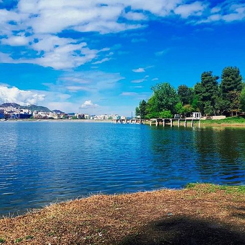 Calm lake in Tirana with trees along the shore and city skyline under a bright blue sky.
