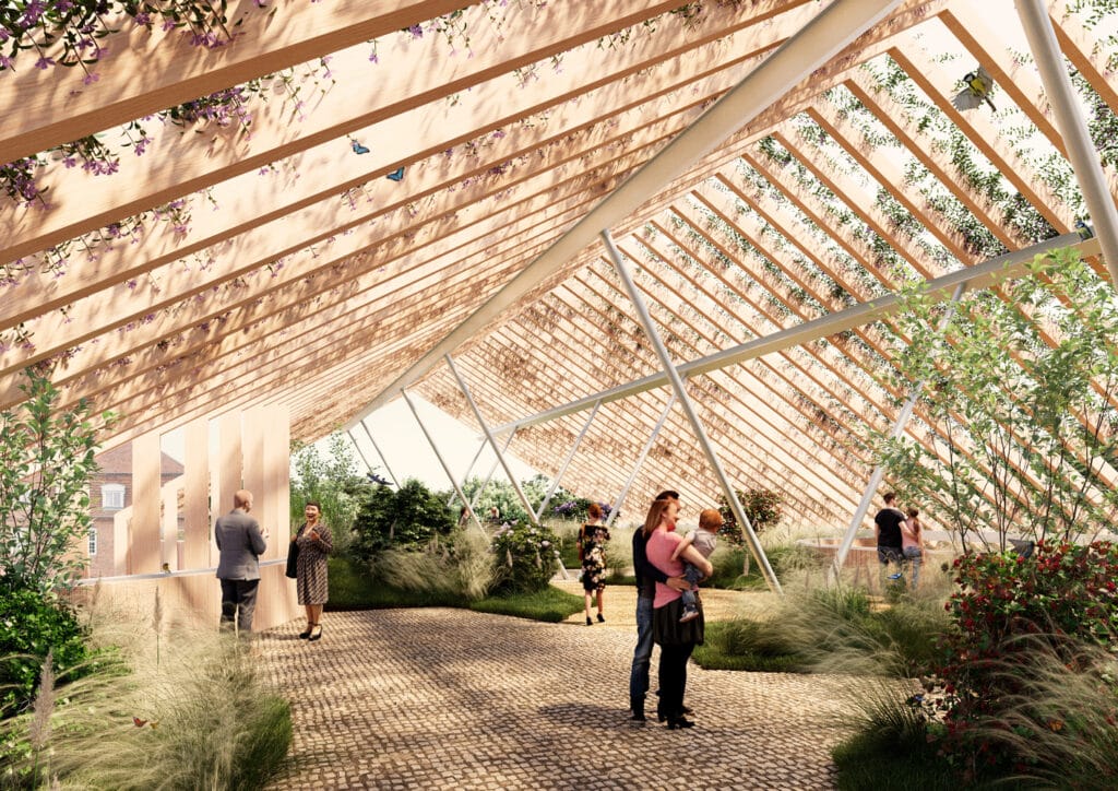 A wooden pergola roof over a garden path in Museum Ehrhardt, with plants, butterflies, and birds.