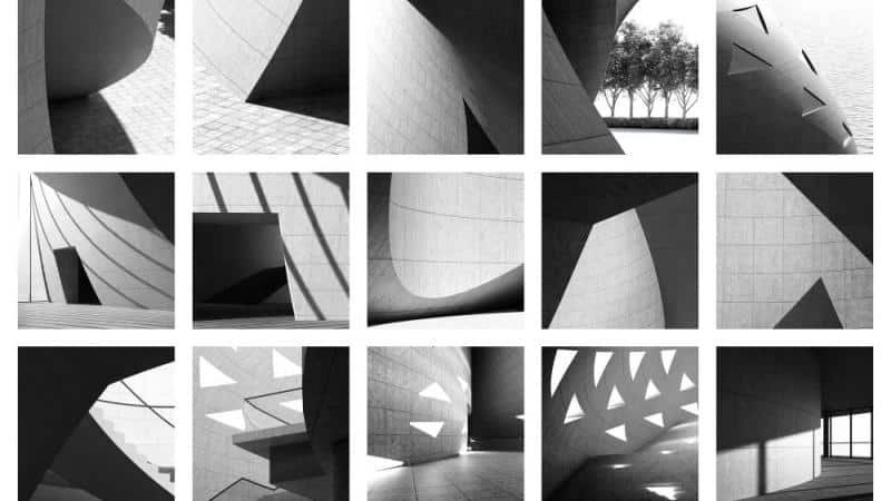 3D architectural model of Dubai Museum of Art showing interlacing curves and the internal floor layout.