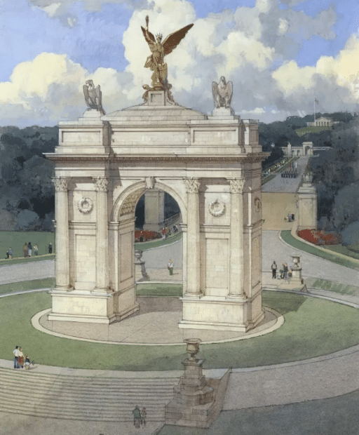 Architectural rendering of a modern triumphal arch inspired by classical design, placed at the center of a landscaped public plaza.