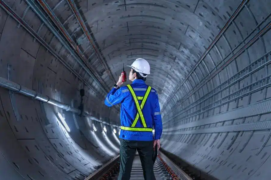 مهندس بناء يرتدي سترة أمان زرقاء وخوذة بيضاء، يقف داخل نفق حديث منحني لسكك الحديد، ويحمل جهاز اتصال لاسلكي بينما يتفقد المسار أمامه.