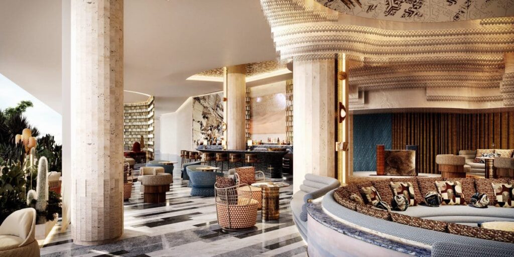 Luxury hotel lobby with modern design, heritage-inspired details, and elegant seating.