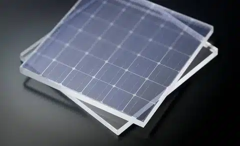 Three sleek, semi-transparent solar panels stacked slightly overlapping on a dark surface, glowing with a soft blue tint under studio lighting.
