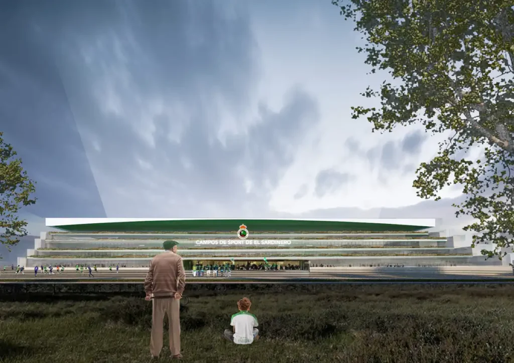 A man and a child stand on the grass, gazing at the modern El Sardinero Stadium with its green roof and glass facade, as players warm up on the pitch under a cloudy sky.