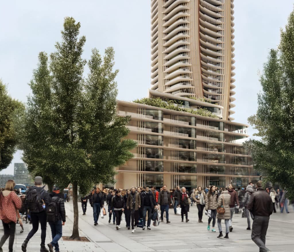 A bustling pedestrian street in front of Alta Bank Tower, lined with trees and filled with people walking, shopping, and enjoying the urban vibe under its sculptural façade.