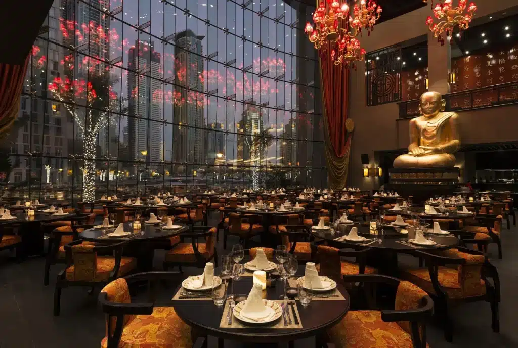 Serene interior lighting of the Buddha-Bar Hotel in Dubai