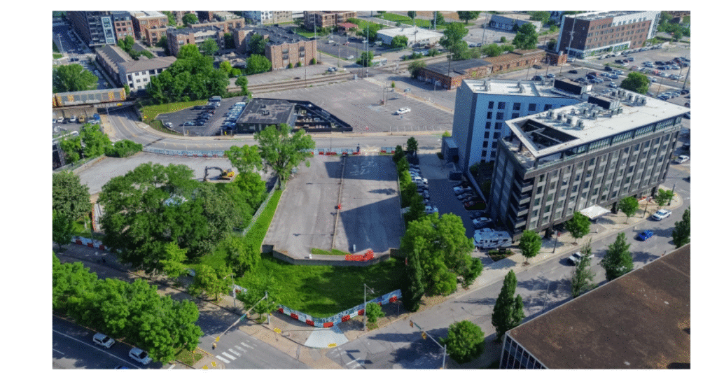 Construction progress of The Bend mixed-use building in Nashville
