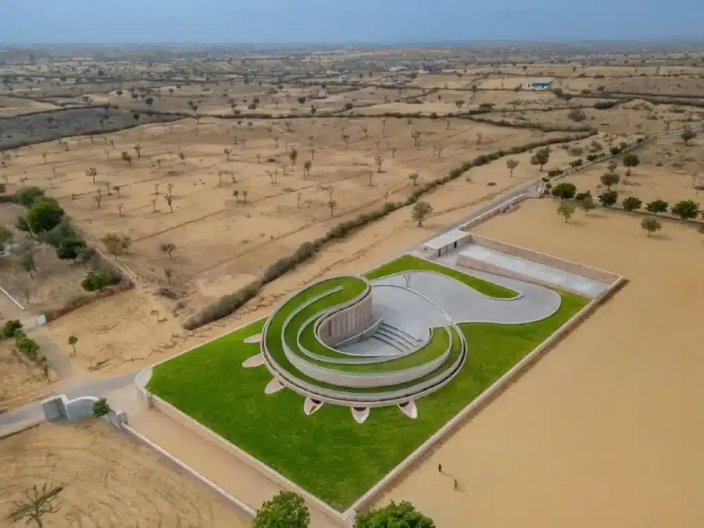 Sloped rooftop garden of Nokha Centre serving as a communal oasis in the desert