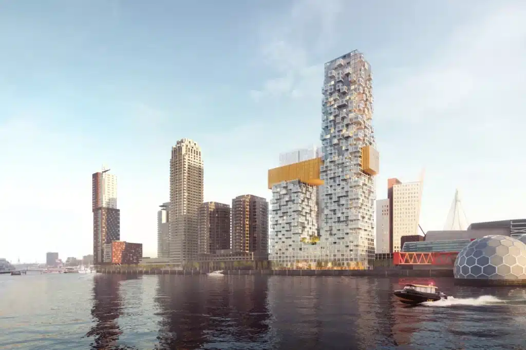 Aerial view showing the two connected towers of The Sax linked by a golden sky bridge