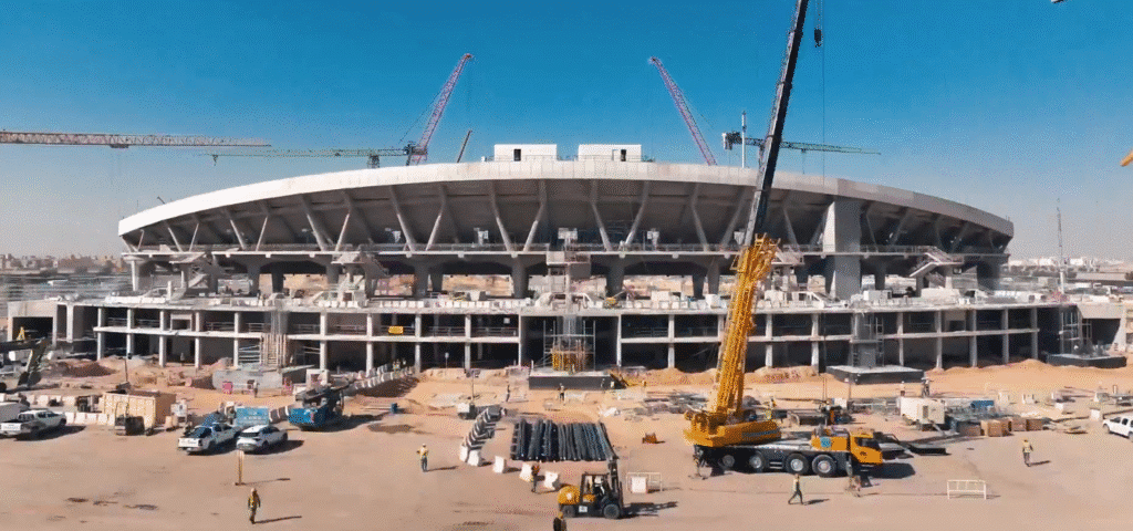 صورة واسعة لملعب الملك فهد الرياضي قيد التحديث، يظهر فيها هيكل الملعب الضخم تحت السماء الزرقاء، مع رافعات عملاقة وأعمال إنشاء جارية على الأرض، وعمال يتنقلون بين الشاحنات والأدوات.