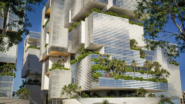 تفاصيل معمارية لمشروع ماياسِم، تظهر التصميم المتدرج مع أسطح خضراء وأشجار نخيل تنمو بين الطوابق تحت سماء زرقاء.