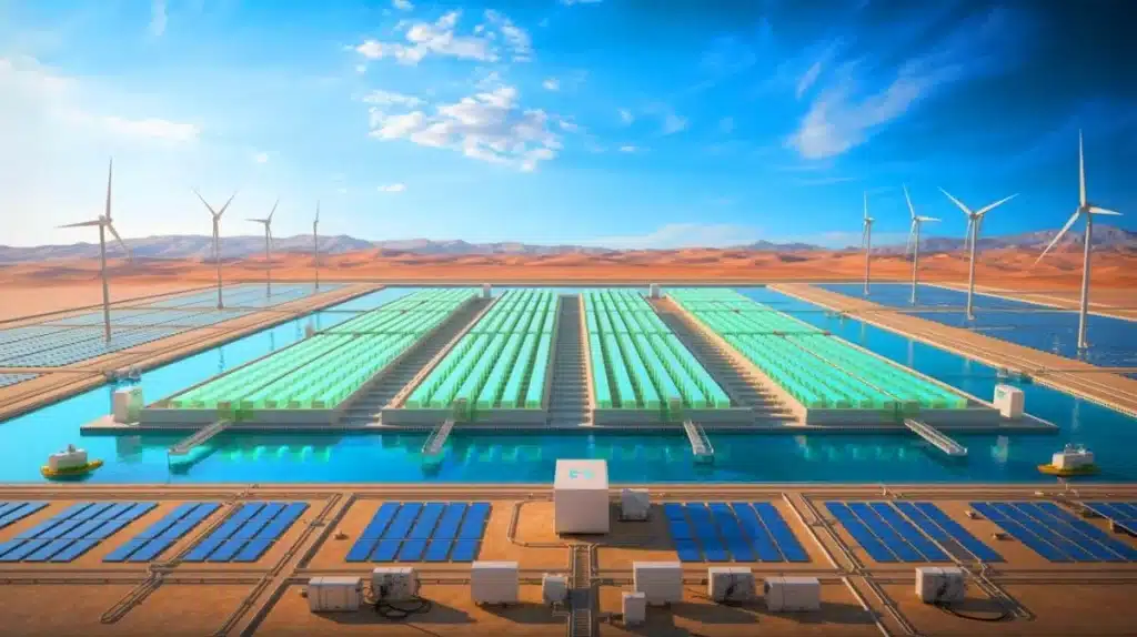 أنابيب ضخمة بيضاء في محطة هيدروجين خضراء، مع جبال ثلجية