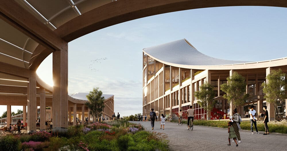تصور فني لمساحة عامة حديثة ومفتوحة، تضم مبنى بتصميم خشبي مقوس مع سقف شمسي، ومسارات للمشي وسط حدائق زاهية. أشخاص يتجولون ويستمتعون بالمكان في يوم مشمس.