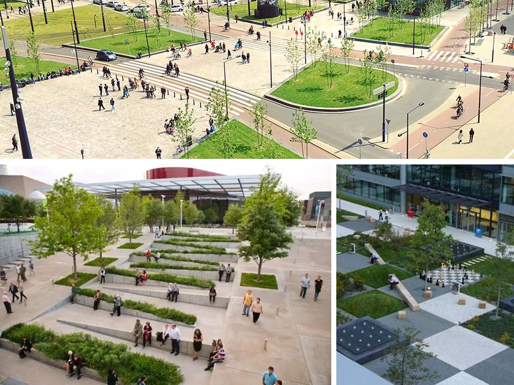 Urban neighborhood plan with public spaces and smart facilities for pedestrians and residents