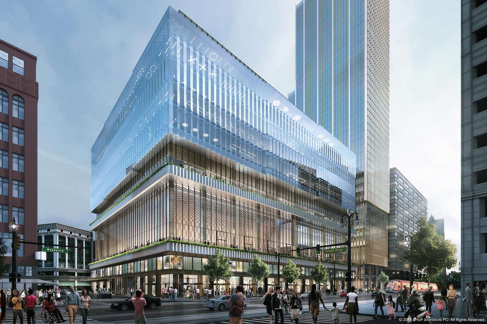 New pedestrian plaza at Hudson’s Detroit connecting the main street with surrounding areas, designed for events and art installations.