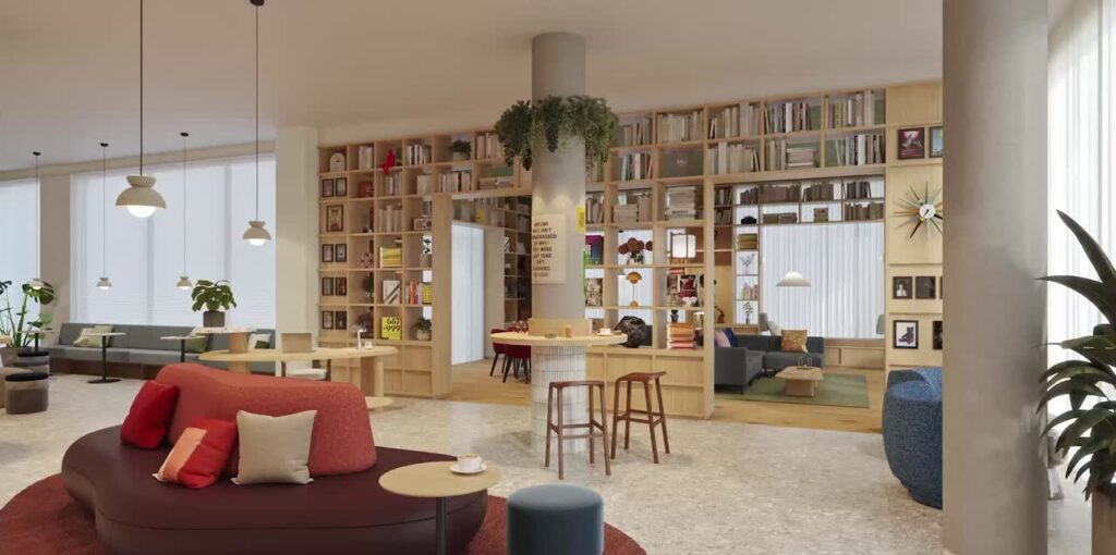 Top view of shared living spaces at Liberties House showing layered design and integrated lighting.