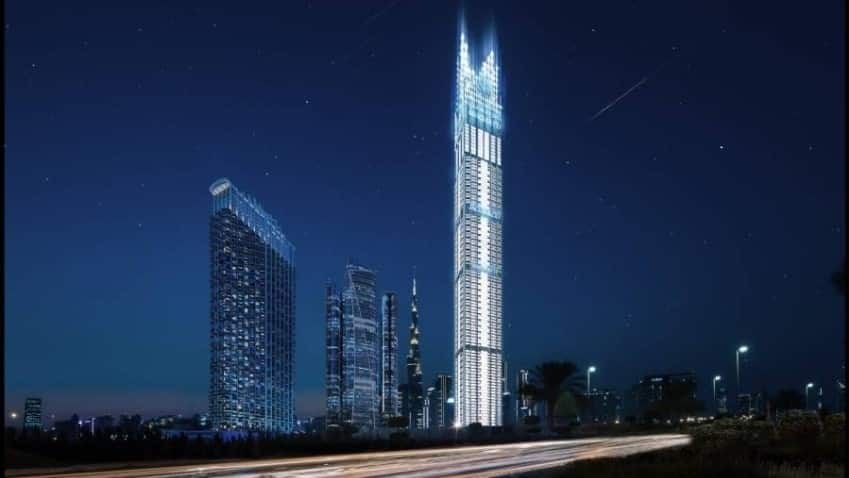 Luxury residential tower in Dubai Marina showing reflective fa&ccedil;ades and vertical lines.
