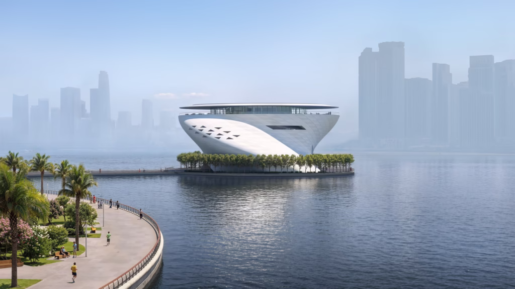 Dubai Museum of Art with an exhibition hall lit by a circular skylight, allowing natural light to flow through the space.