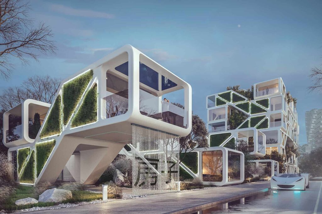 تصميم مستقبلي لمنازل معلقة بيضاء مع جدران خضراء وأضواء ناعمة.