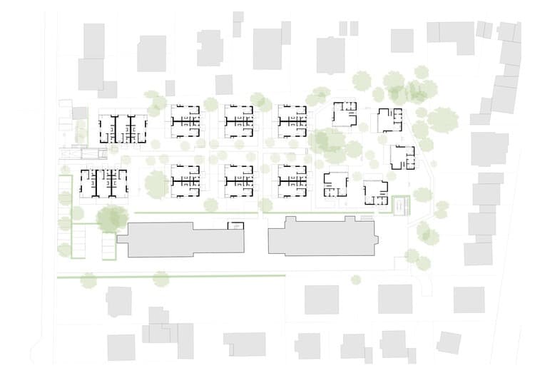 Overall view of Neubiberg residential quarter showing terraced buildings and green spaces