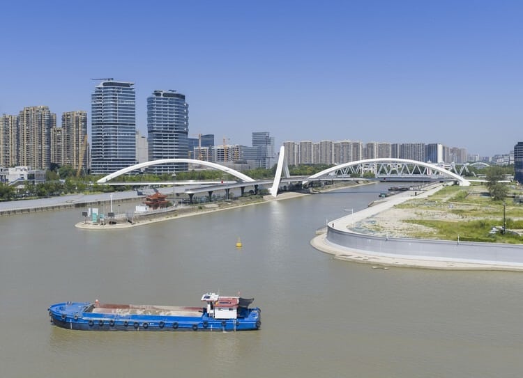 Grand Canal Gateway Bridge in Hangzhou with views of Qiantang River and surrounding urban environment