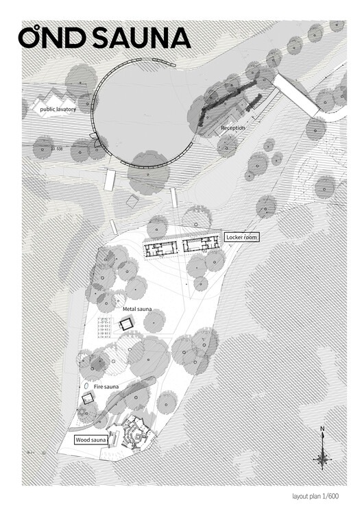 Design and layout of a sauna balancing privacy, social interaction, and integration with nature