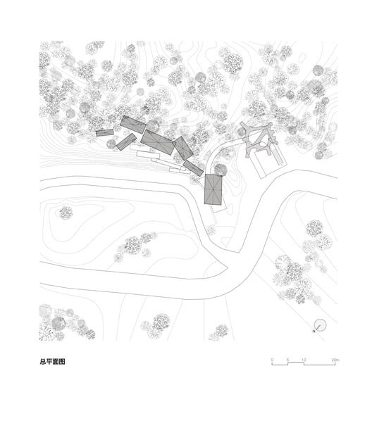 Semi-transparent floating pavilions within the local forest